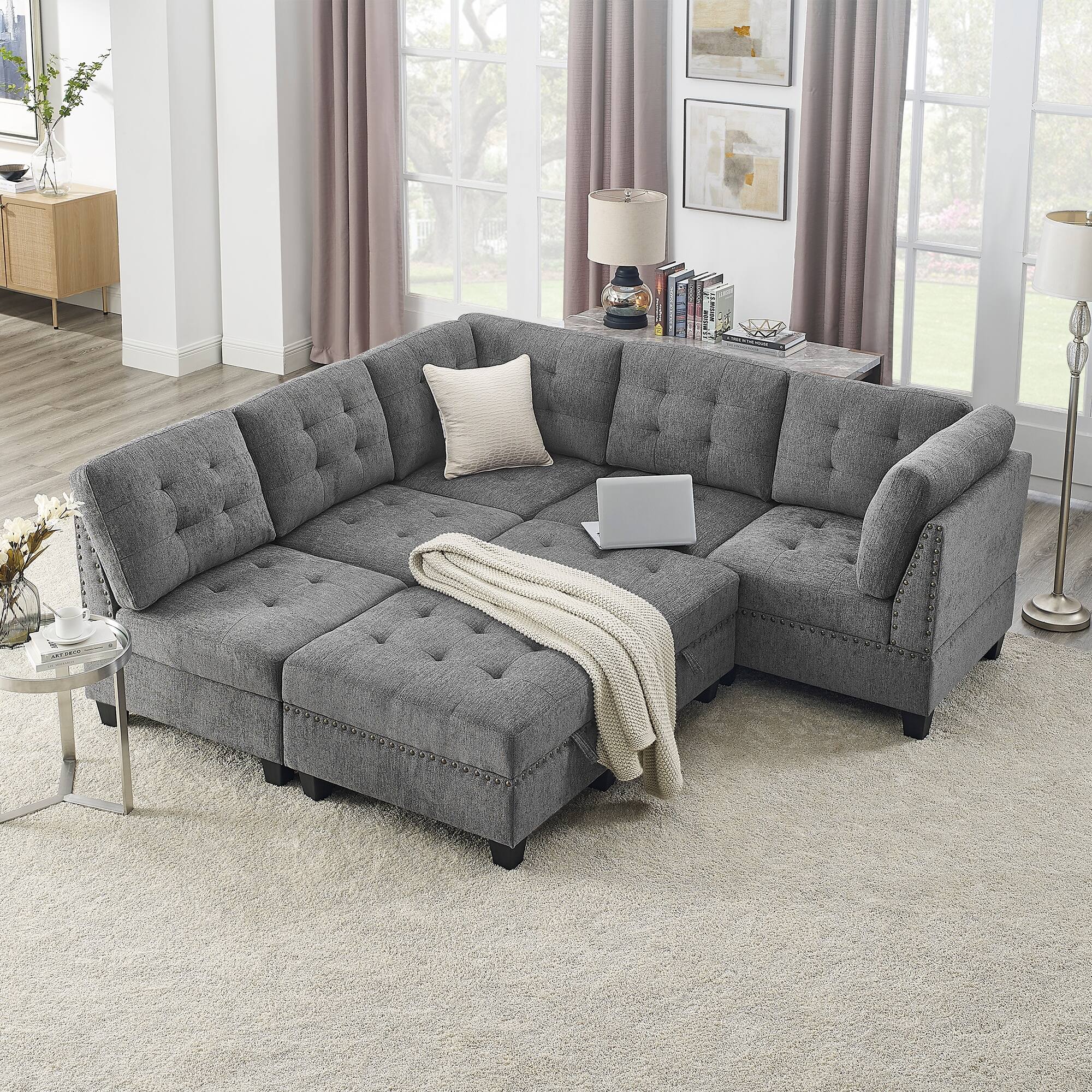 116" Deep Seat Modular Sectionals Sofa, Lshape Sectional Sofa with